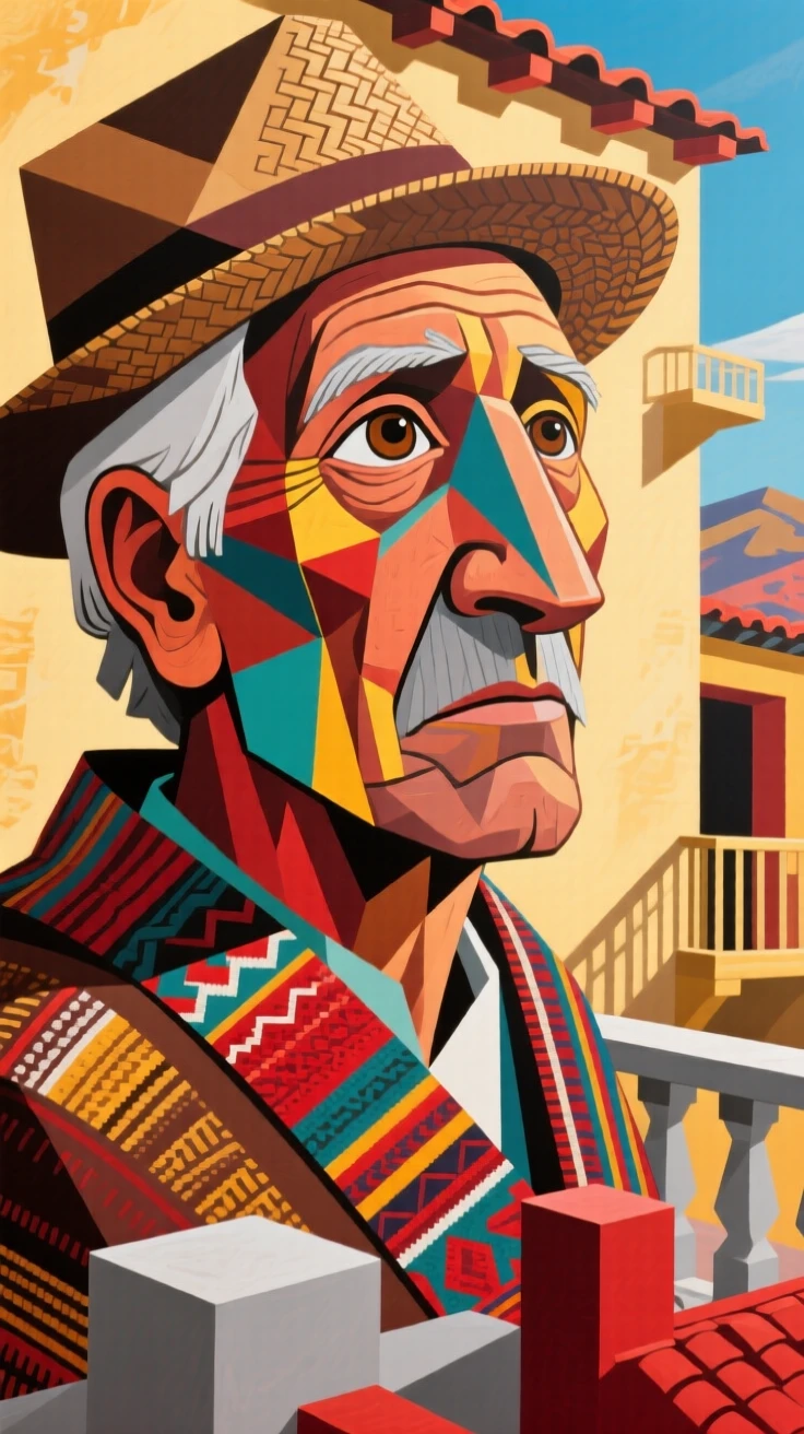 A close-up portrait of a grandfather of Andean heritage, looking up in awe, on a sunlit balcony overlooking rooftops.