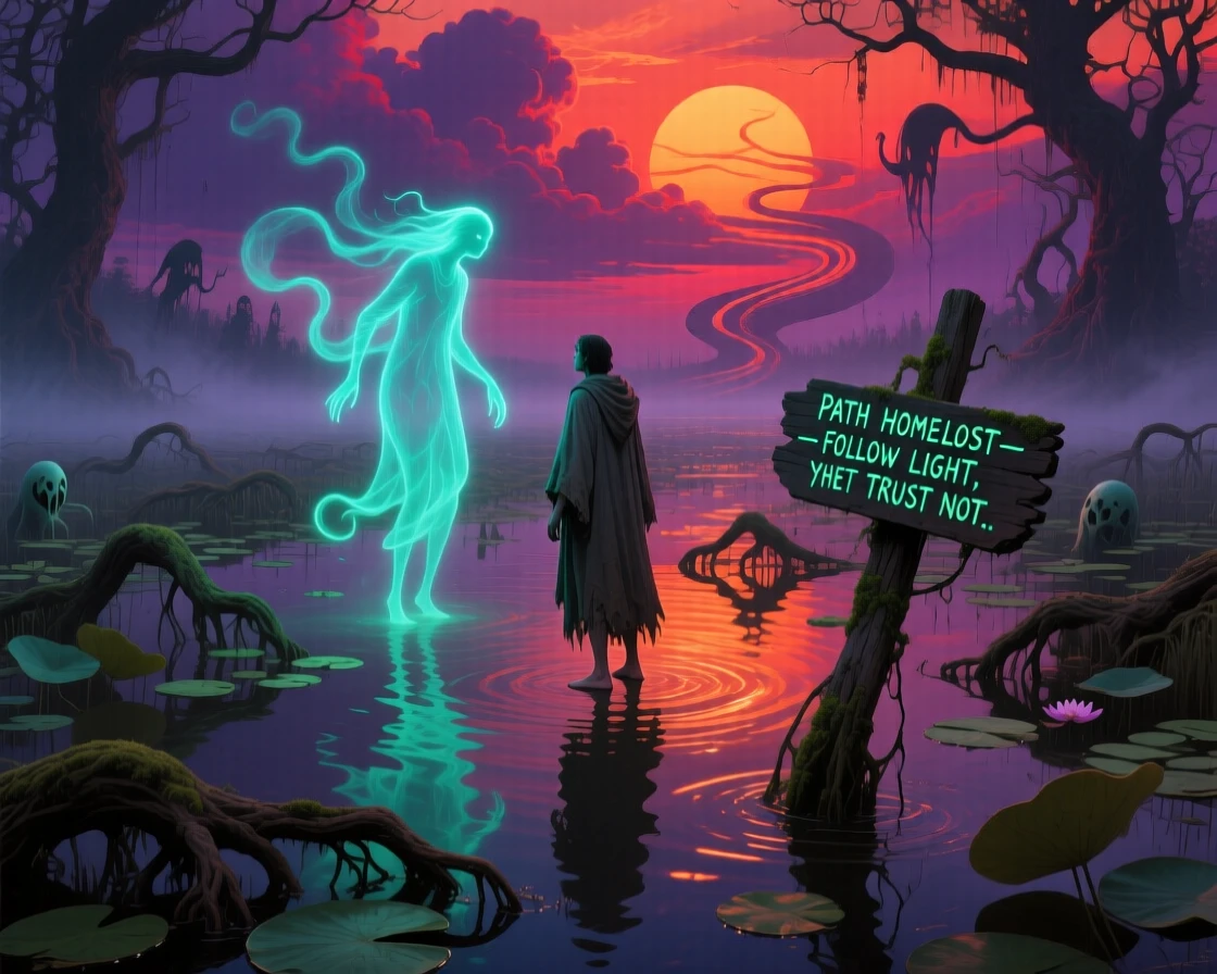 A will-o'-the-wisp leading a lost traveler through a misty bog rests beneath the light of a slow, setting sun, while wisps of light curl gently around its form.