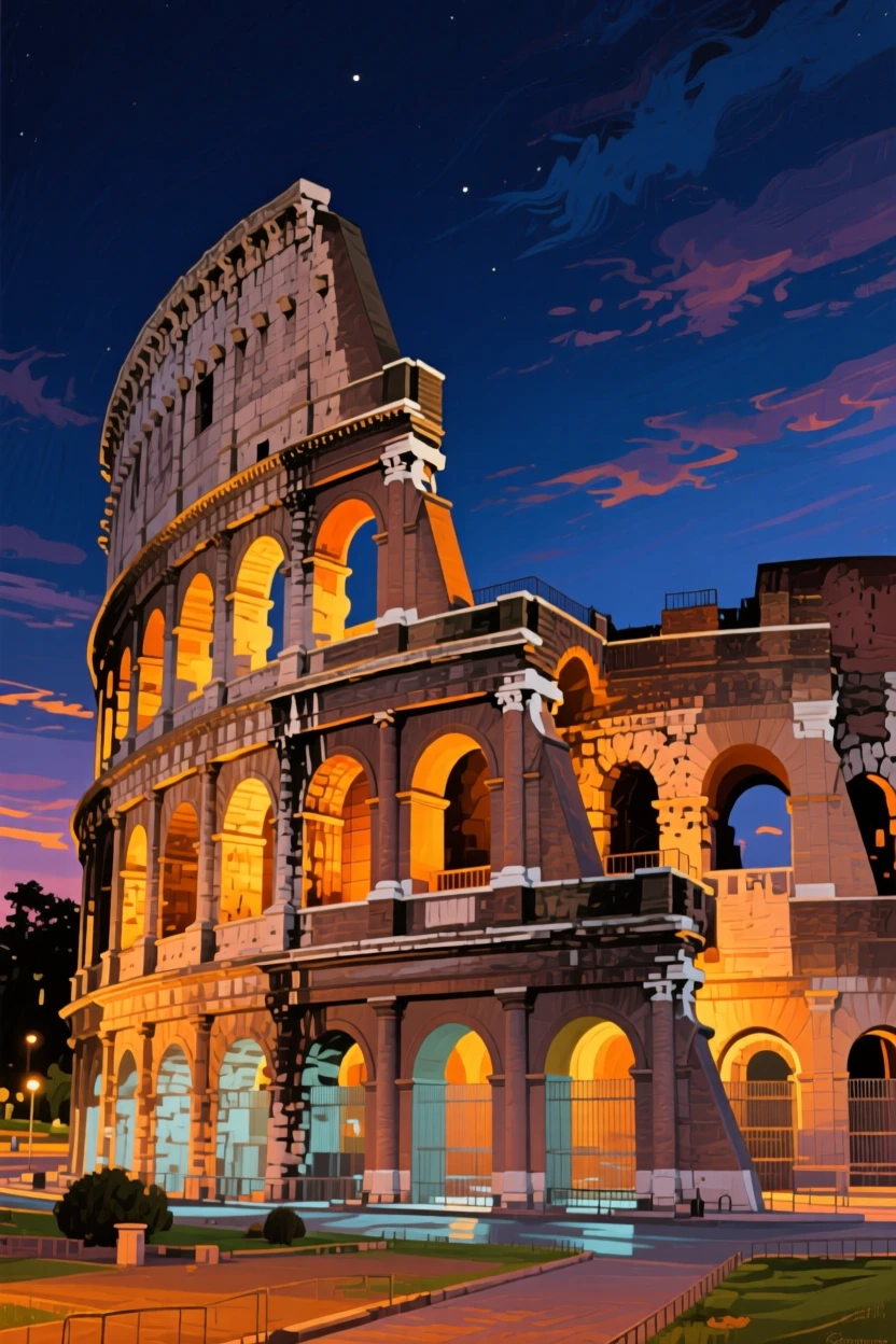 The Colosseum bathed in warm amber floodlight against a darkening Roman evening sky