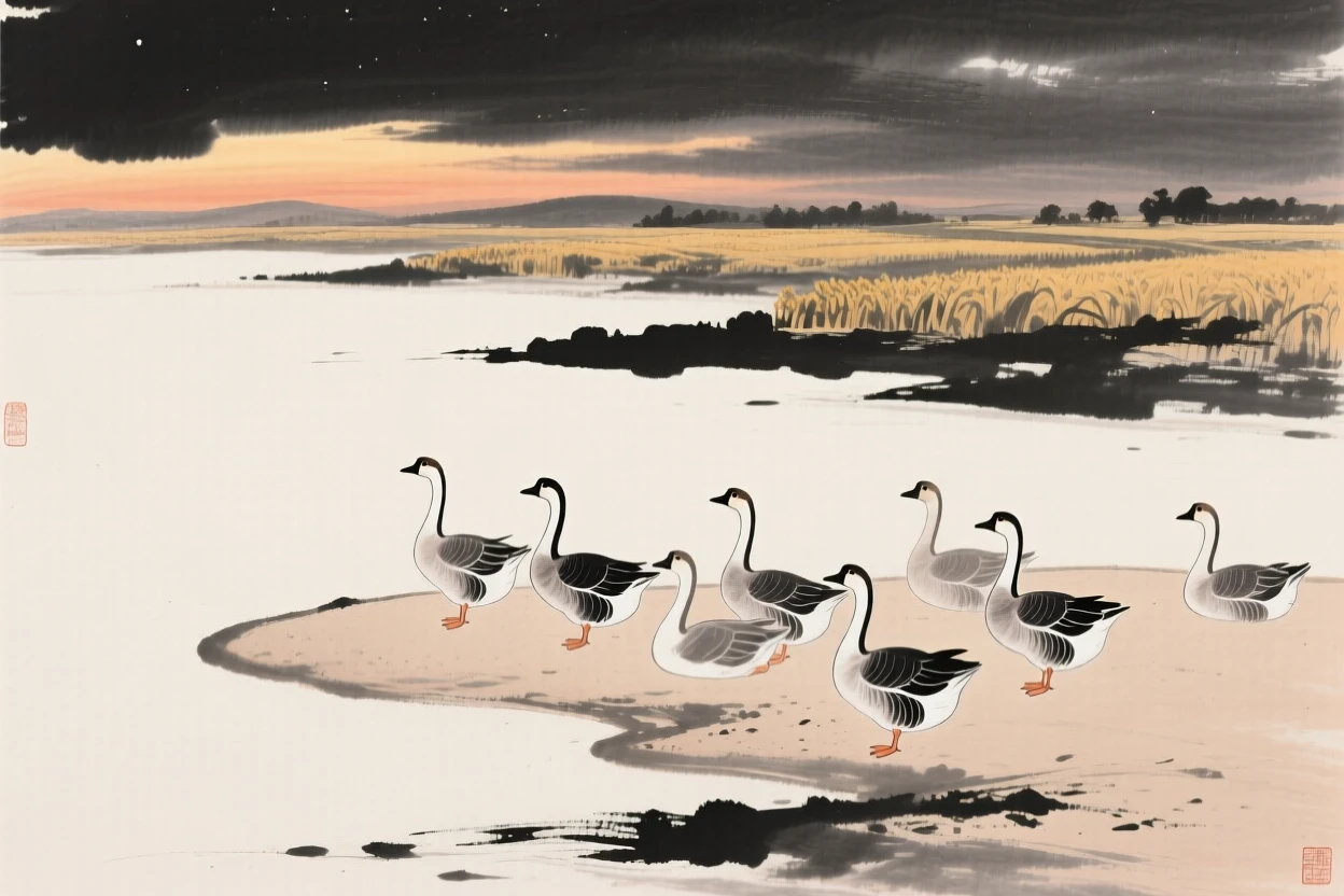 A flock of geese rests on a sandbar at dusk, above fields turning gold with the season.