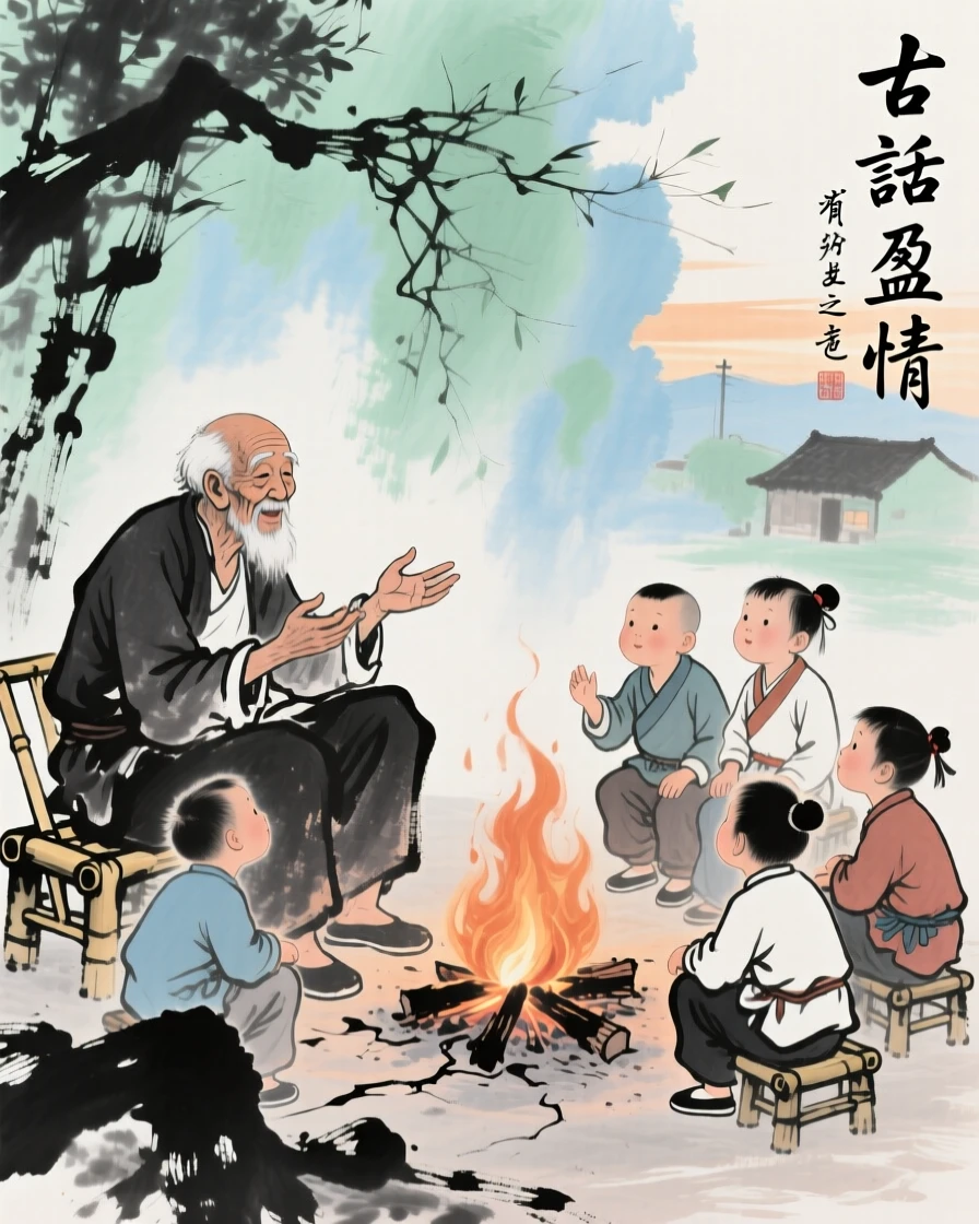 A village elder recounting old legends to children gathered by a fire, in the soft light of late afternoon.