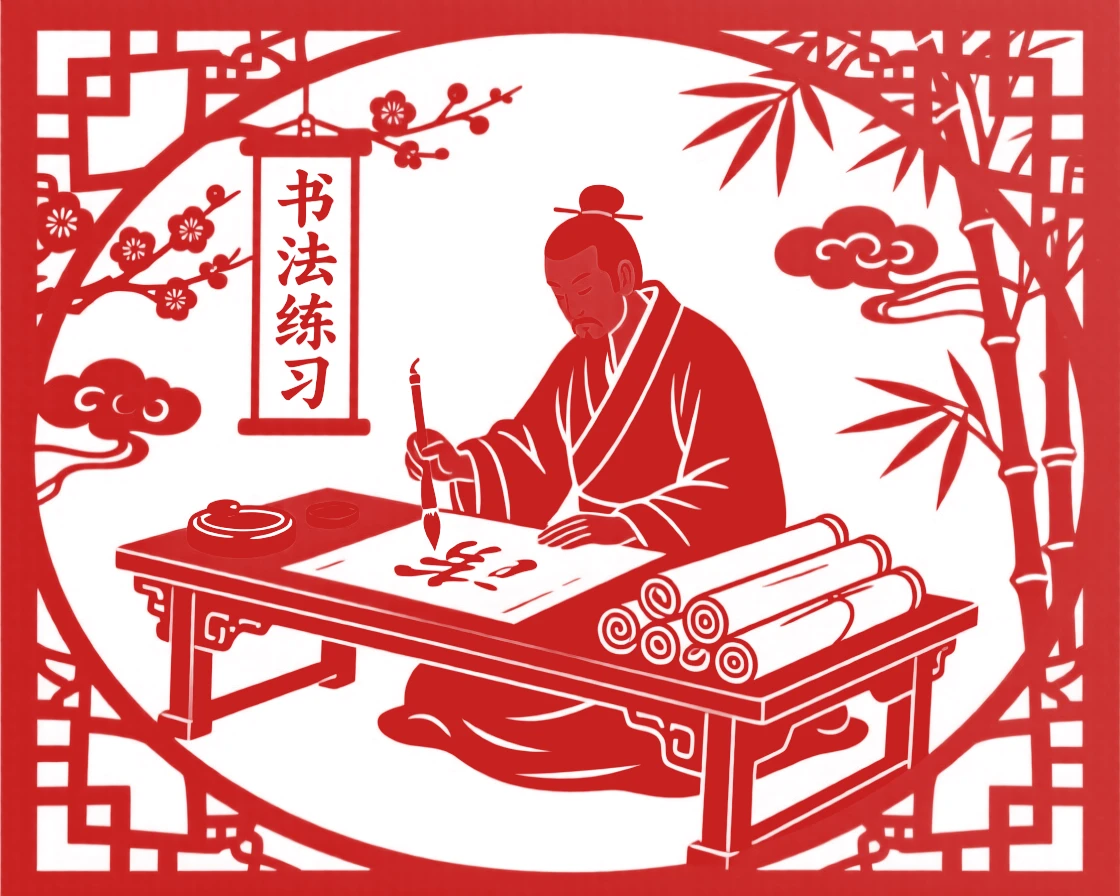 A calligrapher practicing brushstrokes at a low table, ink stone and rolled scrolls arranged neatly beside him
