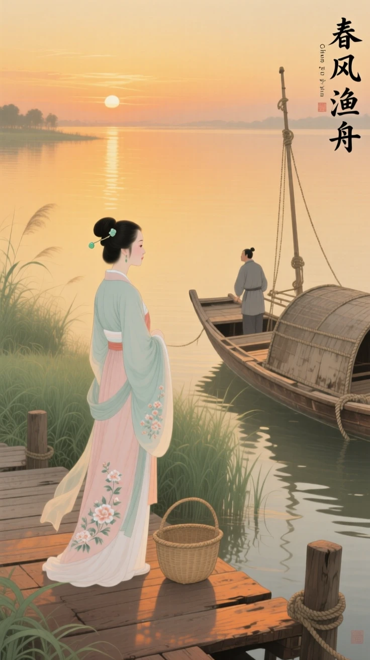 A wife waiting at a dock for her husband's fishing boat to return home, at golden hour, long shadows stretching across the grass