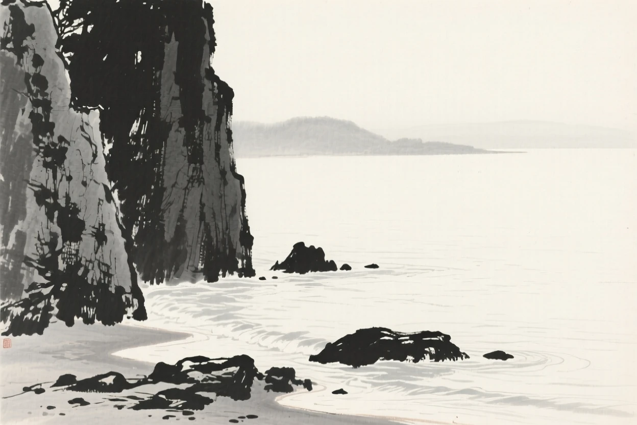 A rocky shoreline swept by gentle incoming tide beneath towering rock walls softened by haze, seen from across the water, the far shore reduced to soft silhouette, carrying a feeling of timeless peace and stillness.