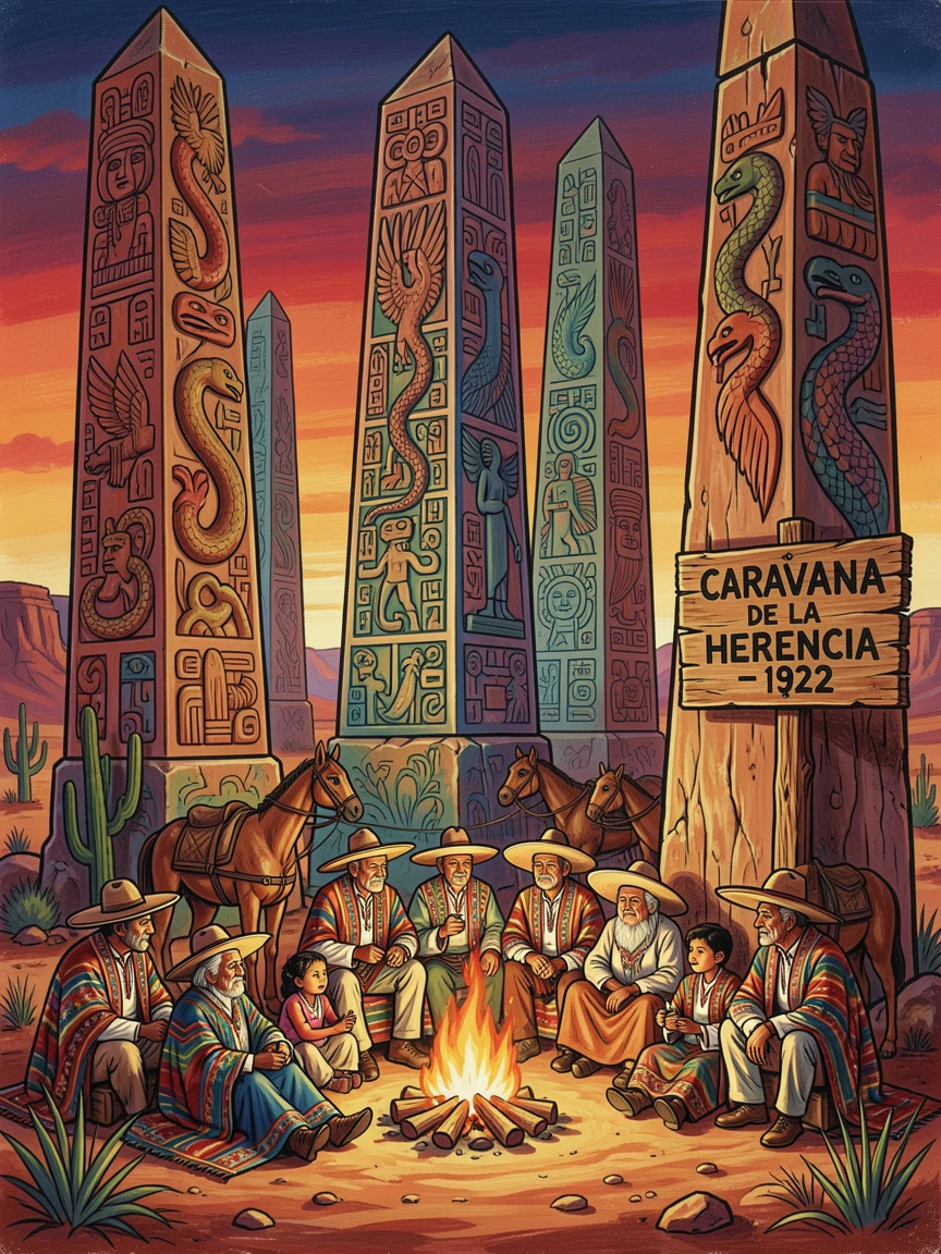 A desert caravan resting beside ancient carved obelisks