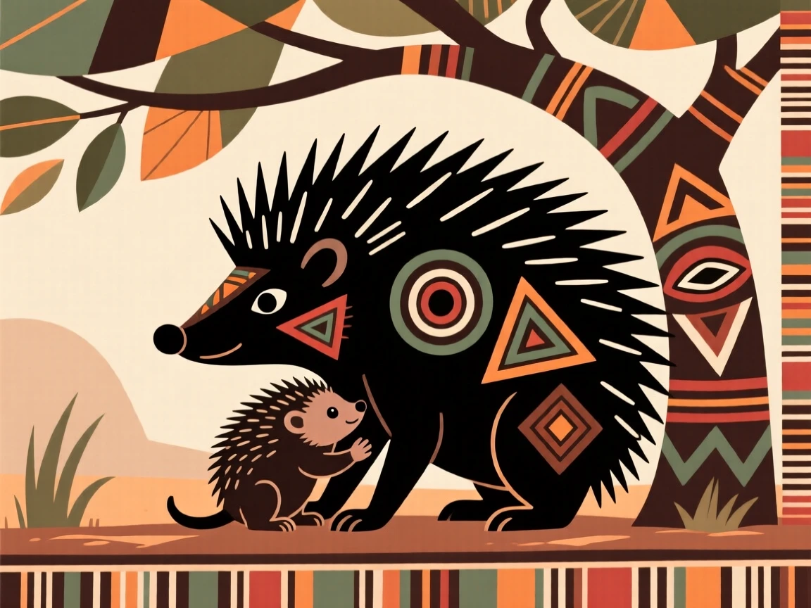 A porcupine nursing its young in the shade.