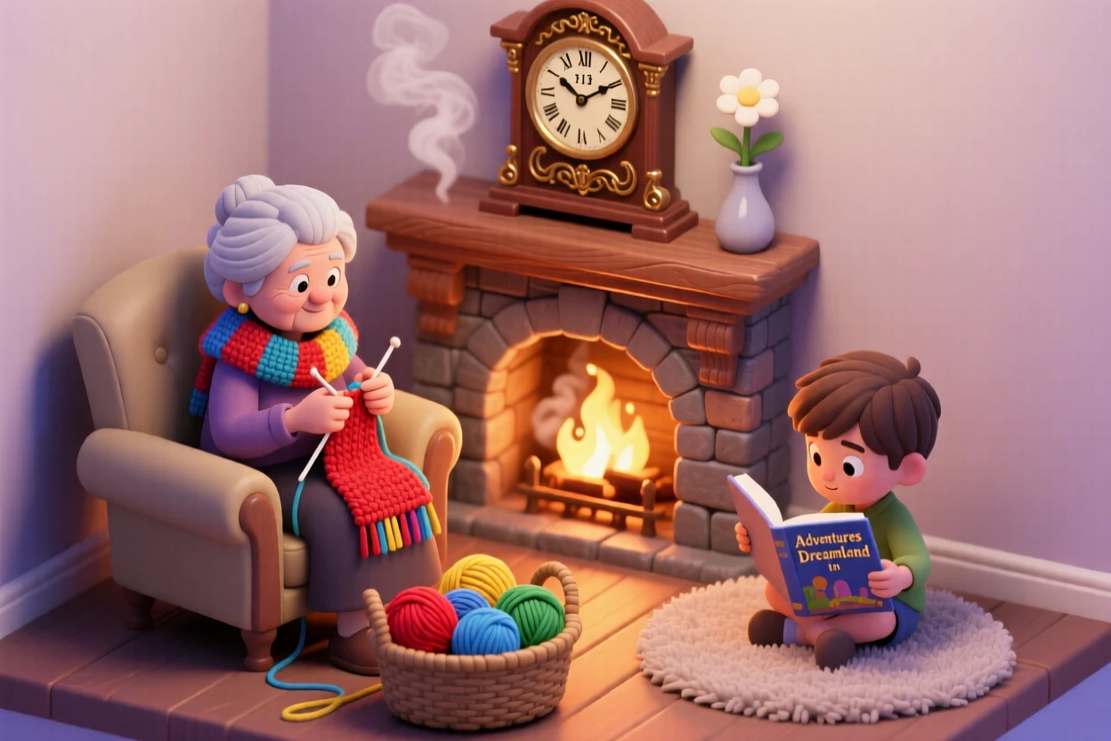 A grandmother knitting by a crackling fireplace, a basket of colorful yarn at her feet, a grandchild reading beside her, and a clock ticking on the mantel.