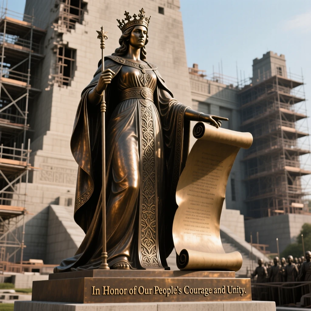A legendary queen commissioning a monument to her people, framed by sweeping, monumental scale, evoking legend and timeless drama