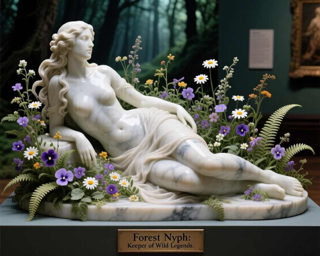 A forest nymph resting among wildflowers, bathed in an otherworldly glow, radiating power and legend
