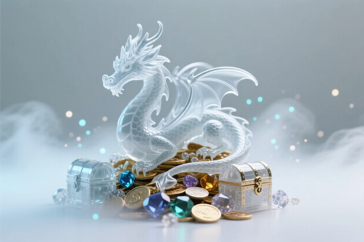 A small dragon curled around a treasure hoard surrounded by softly glowing particles and gentle mist, wide cinematic composition, radiating magic and serenity.