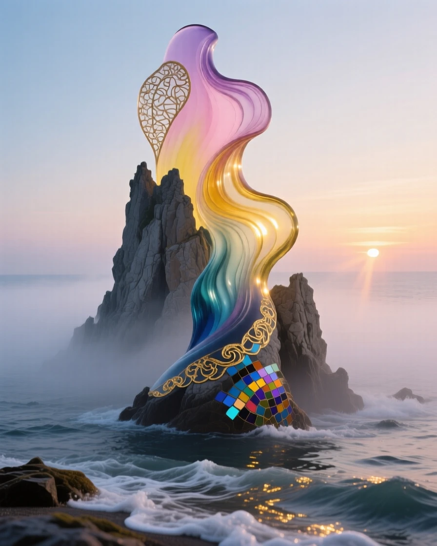 A dramatic sea stack rising from misty coastal waters at sunrise, iconic and moody.