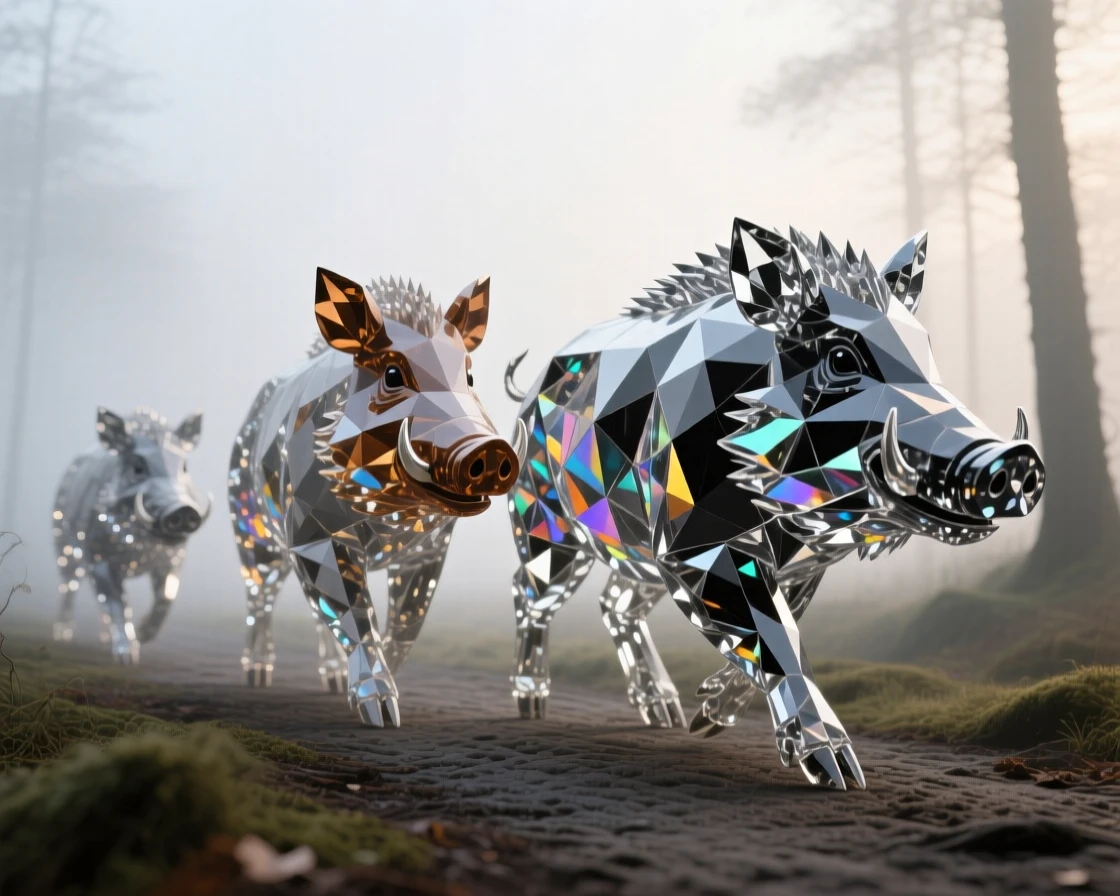 A wild boar family crossing a misty forest path at dawn.