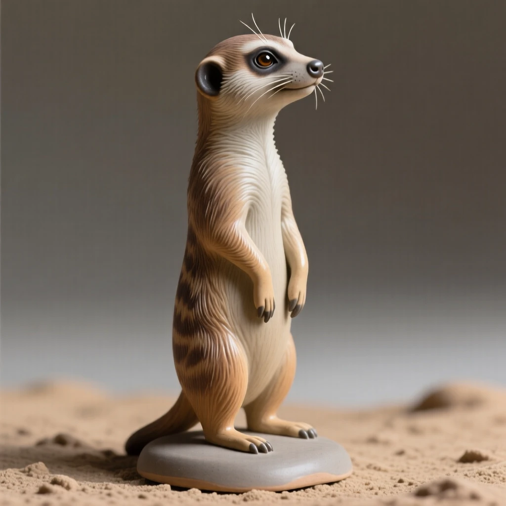 A curious meerkat standing tall gazing calmly toward the horizon, with delicate whiskers catching the light, conveying calm strength and quiet pride.
