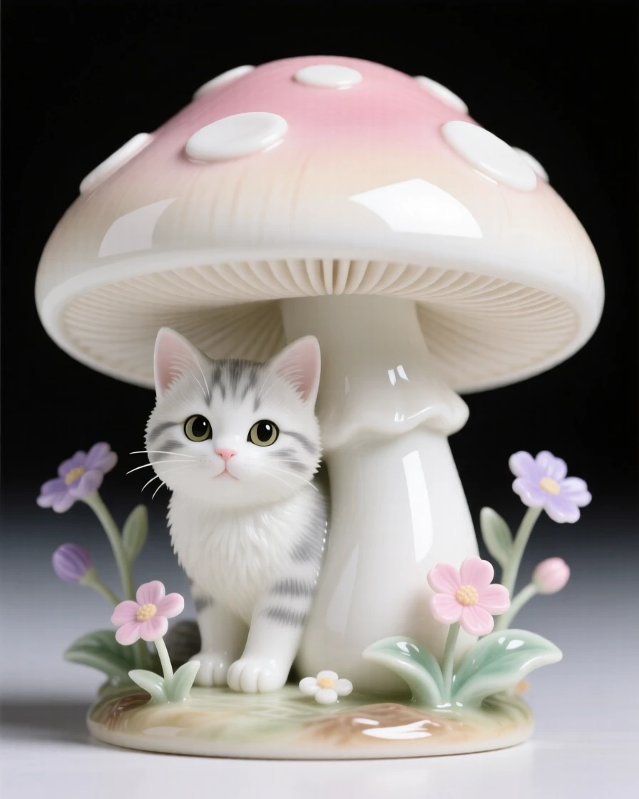A tiny kitten peeking out from beneath a mushroom cap, surrounded by tiny wildflowers.