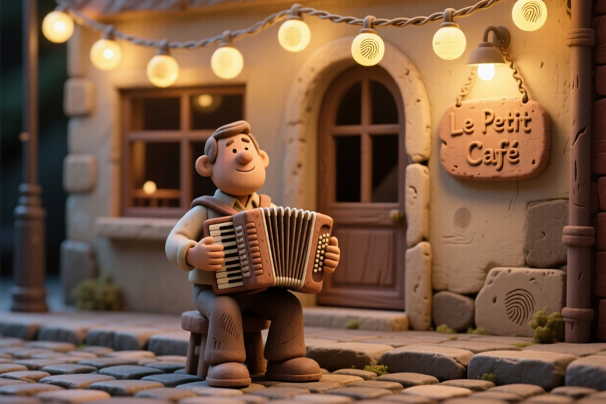 A street musician playing an accordion beneath twinkling café lights