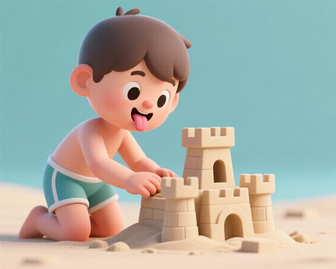 A young boy in swim trunks builds a lopsided sandcastle, tongue poking out as he pats the wet sand smooth.