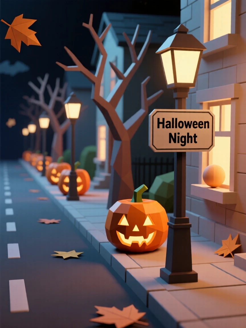 A Halloween night street lined with glowing pumpkins, as autumn leaves drift through the air. warm glowing lights create a festive ambiance. The mood feels cozy and nostalgic.
