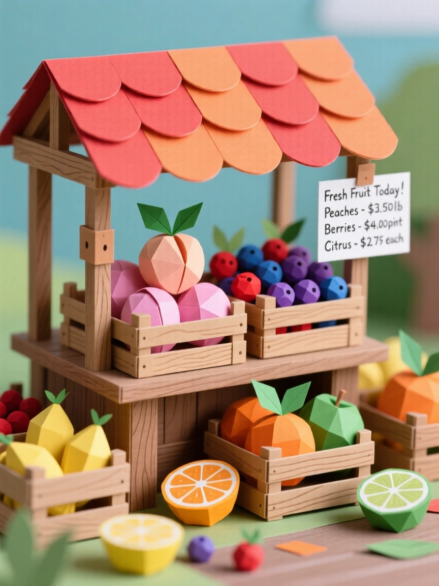 A colorful farmers market fruit stand overflowing with fresh peaches, berries, and citrus, wooden crates and a hand-painted price sign adding rustic charm, evoking abundance and freshness.