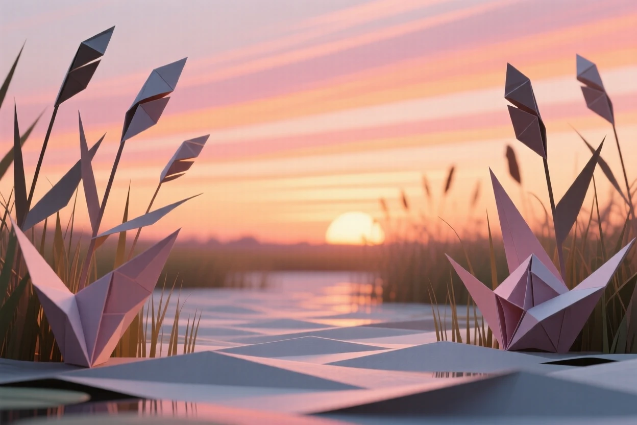 A tranquil marsh at sunset, reeds silhouetted against a sky streaked with orange and pink.
