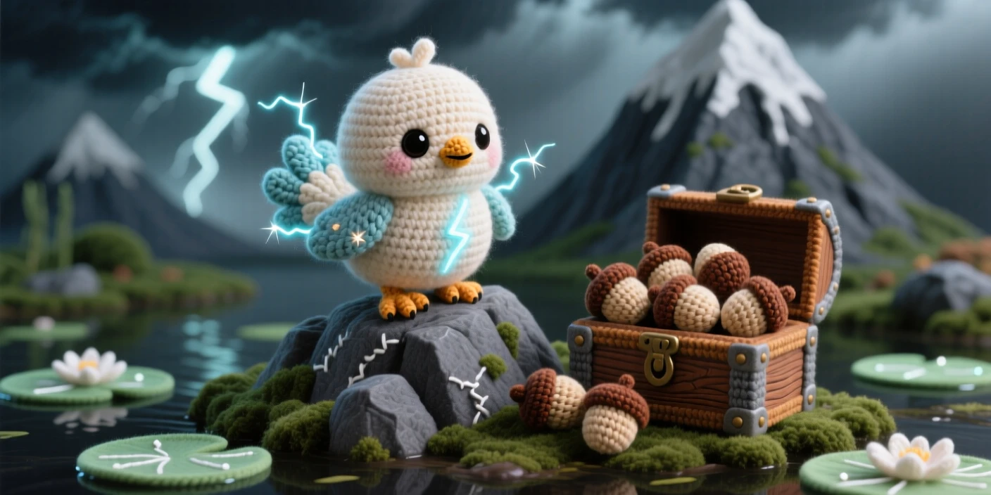 A charming portrait of a small baby thunderbird chick, with static sparks along its feathers, perched atop a stormy mountain peak beside a small wooden chest overflowing with acorns in a quiet swamp dotted with glowing lily pads, conveying joyful mischief and sparkling delight.