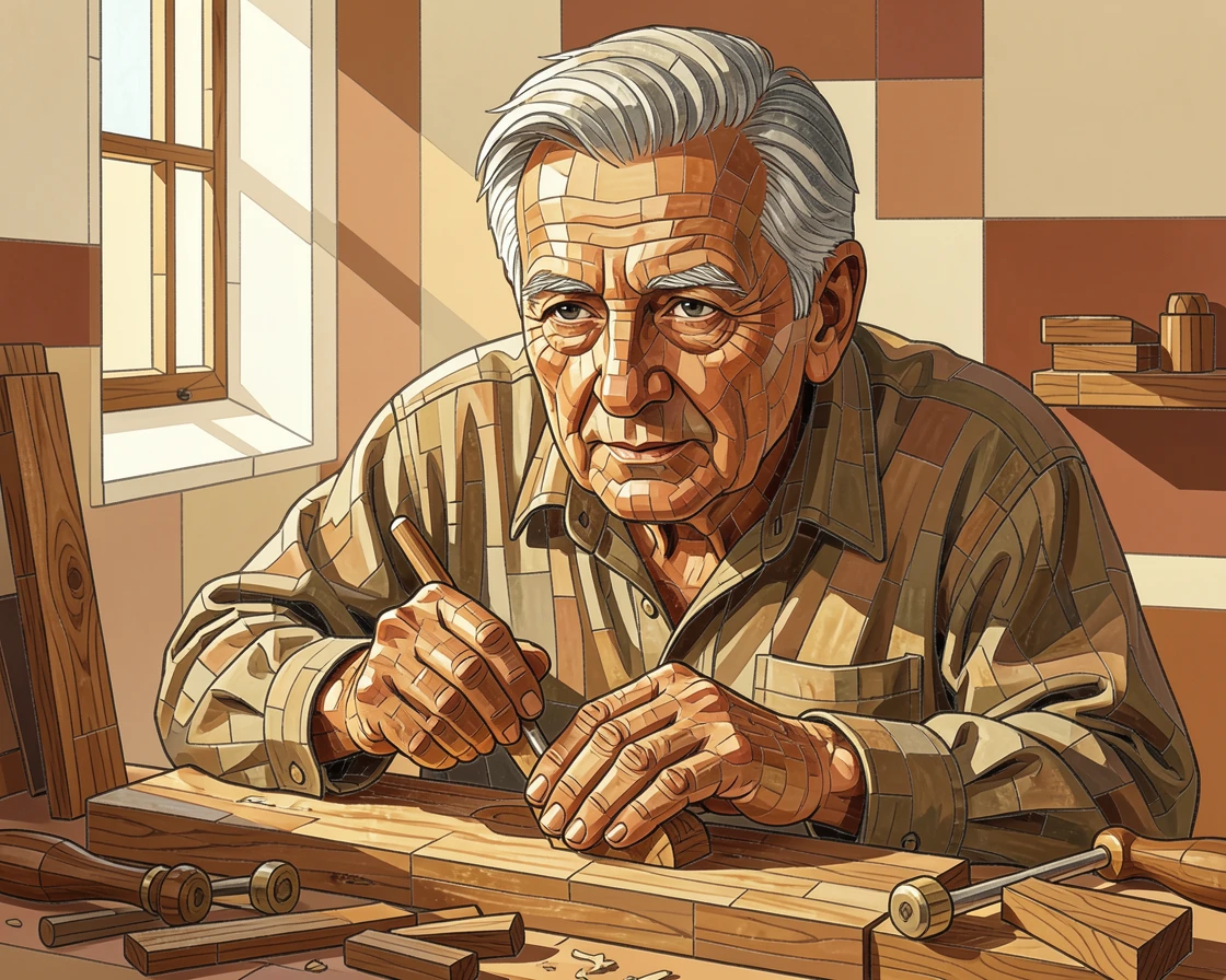 A close-up emotional portrait of an elderly craftsman carefully carving wood in his sunlit workshop, with striking eyes and gentle expression.