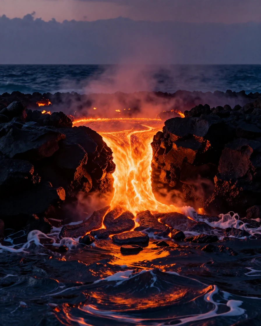 Volcanic lava glowing orange as it meets the ocean