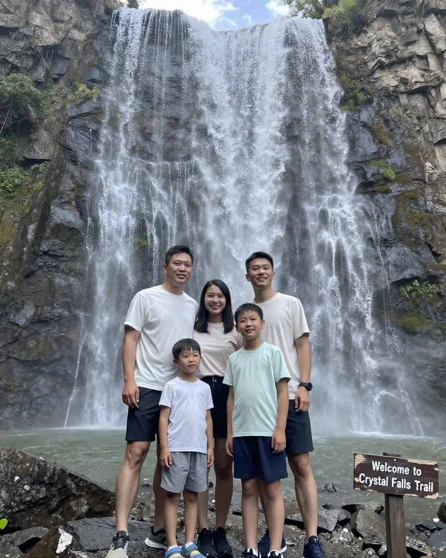 A family poses for a photo in front of a towering waterfall, mist drifting over them.