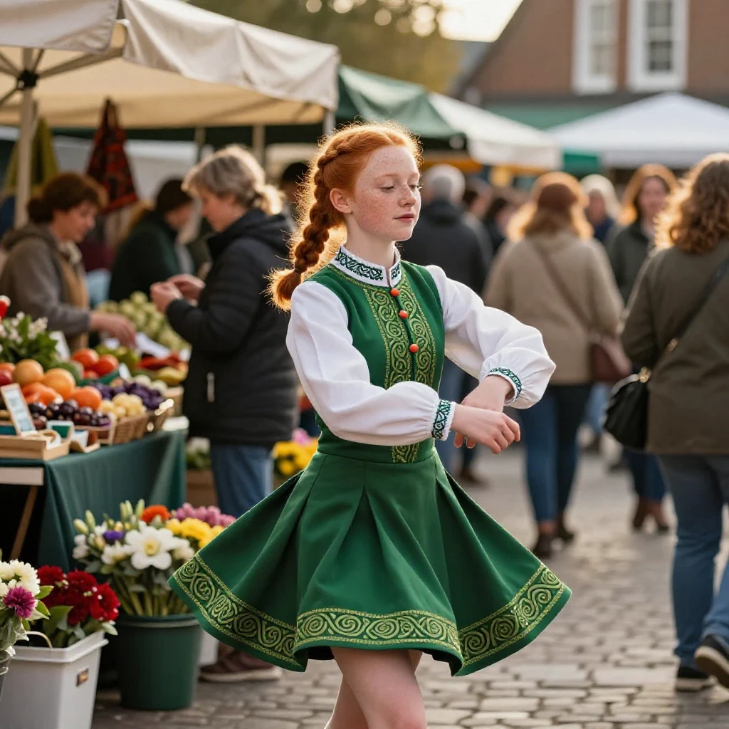 A teenage Irish dancer humming a gentle tune while working in a bustling open-air market