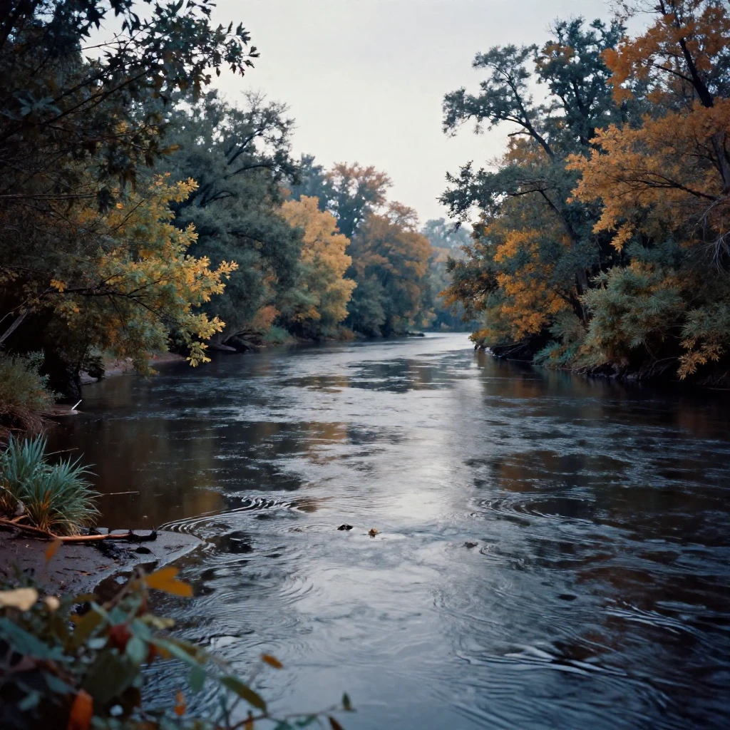 Reflections of autumn trees rippling across a slow river, in gentle diffused daylight, just after a rain shower, with puddles reflecting the sky, in the height of summer, in cool blues and silvery greys, peering through foliage in the foreground.