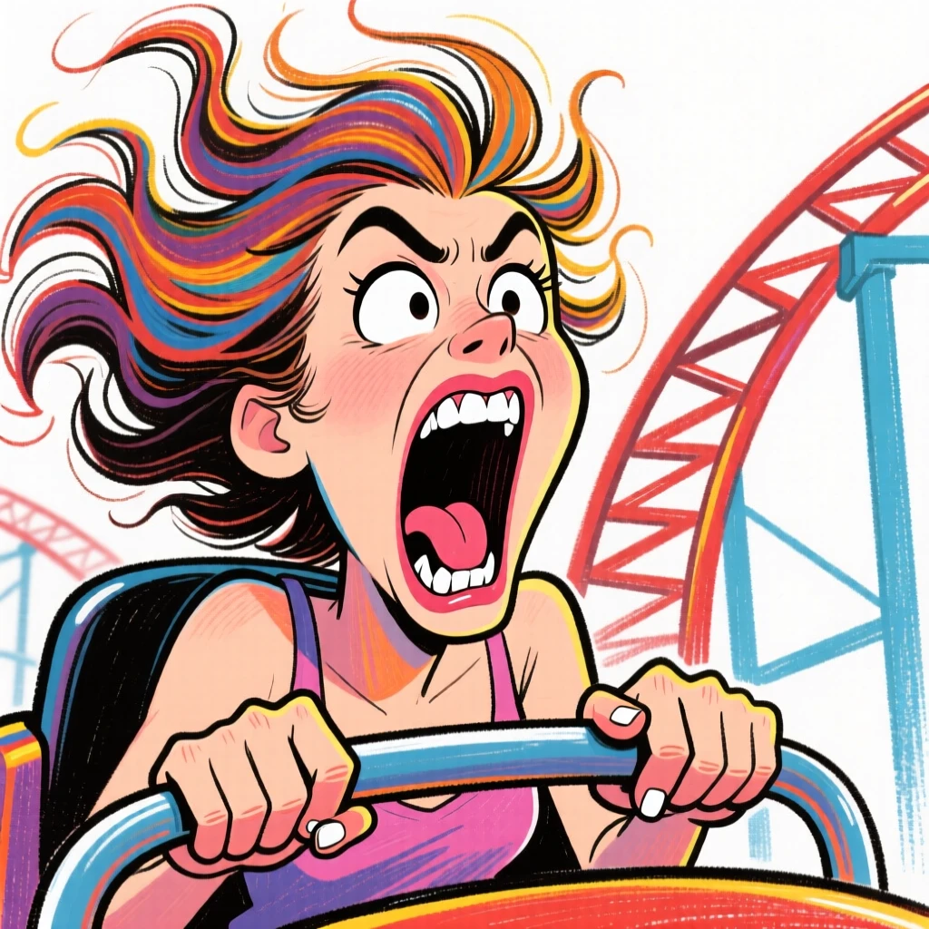 A woman mid-scream on a rollercoaster, hair standing straight up, hands gripping the bar.