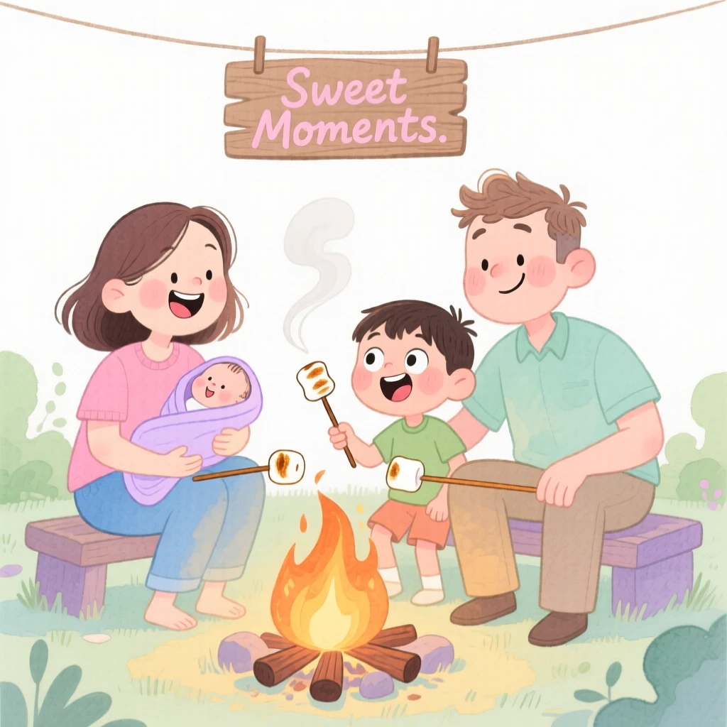 A family with a new baby roasting marshmallows around a backyard fire pit