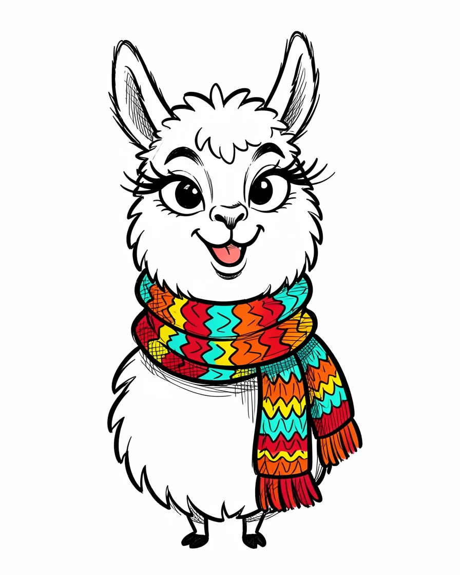 [Cute Animals & Pets] Adorable scene of a fluffy llama wearing a colorful knitted scarf, bursting with charm and playful energy