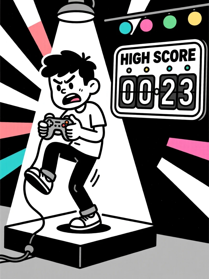 A gamer gripping a controller with intense focus, trembling while holding a one-legged balance, set on a small stage under colorful lights. A scoreboard nearby shows an embarrassingly low number. It feels like the kind of memory friends laugh about for years.