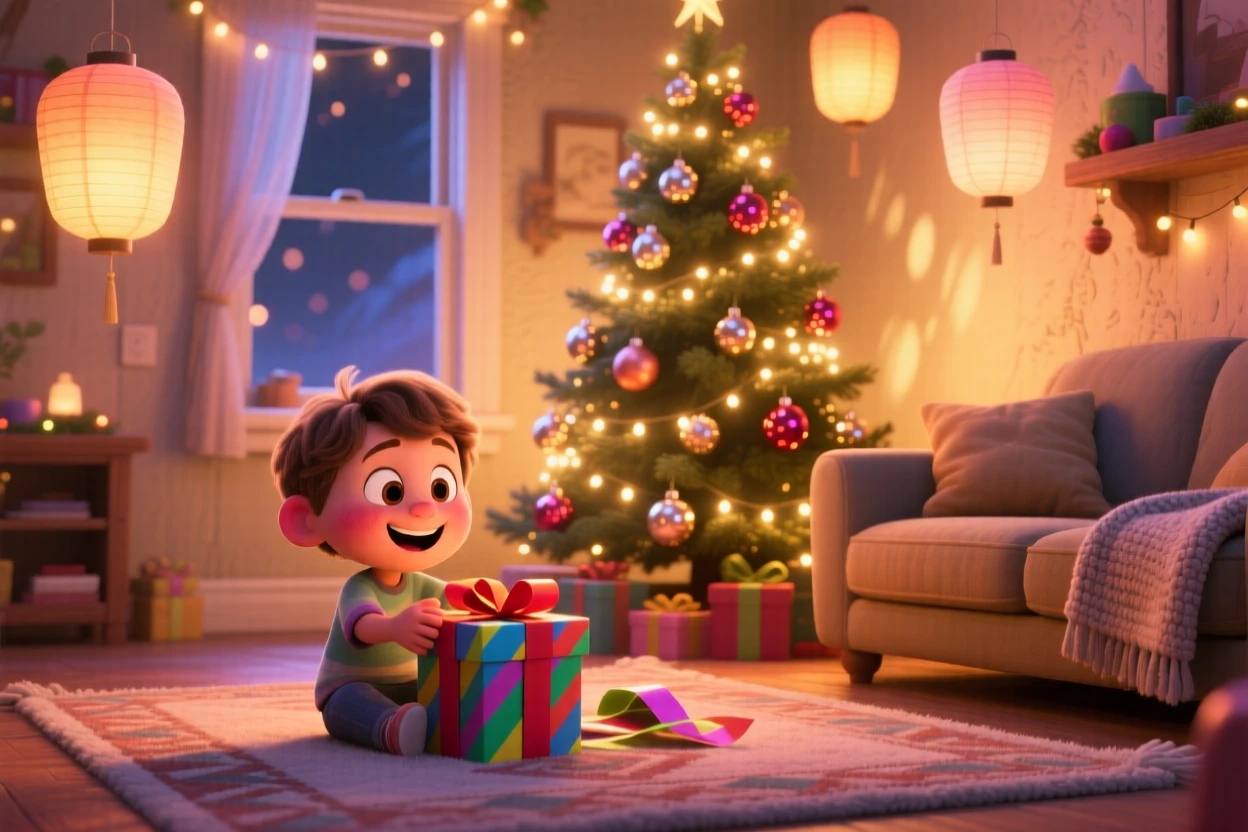 A child opening presents beside a glowing tree happens in a living room decorated with twinkling lights, with paper lanterns swaying softly in the breeze. A bright, merry energy fills the entire scene.