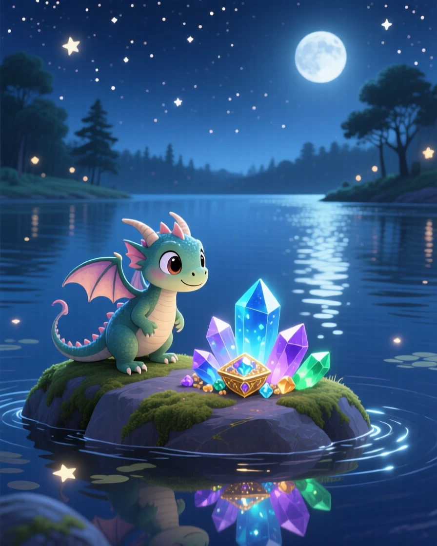 In a starlit lake, a small dragon with tiny wings discovers a moment of wonder while guarding a treasure of glowing crystals, with the whole scene bathed in soft moonlight.