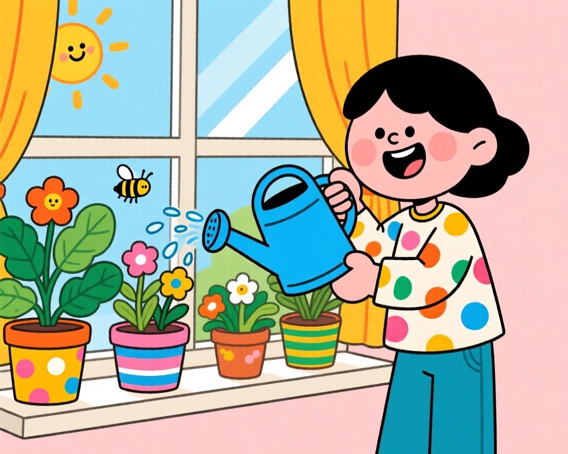 A person watering houseplants on a sunny windowsill.