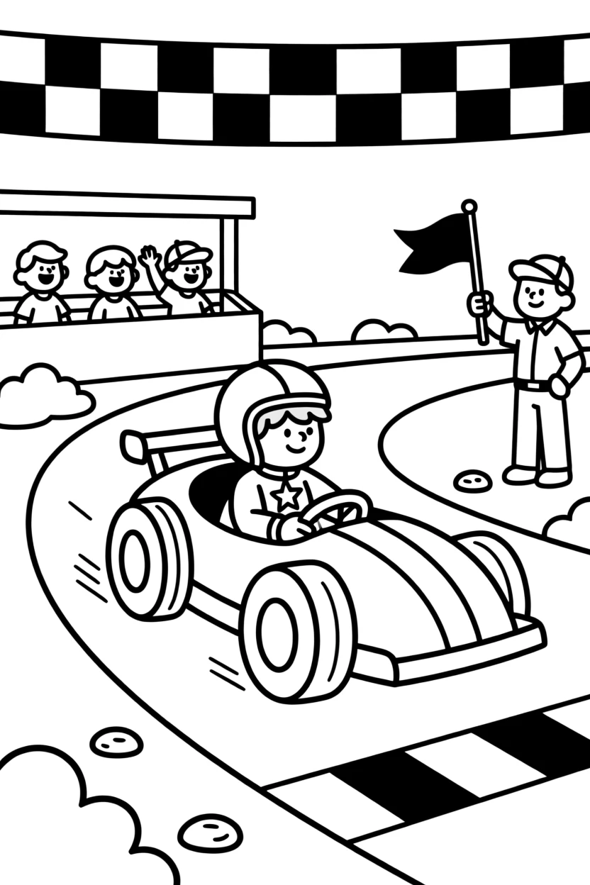A race car speeding around a checkered finish line