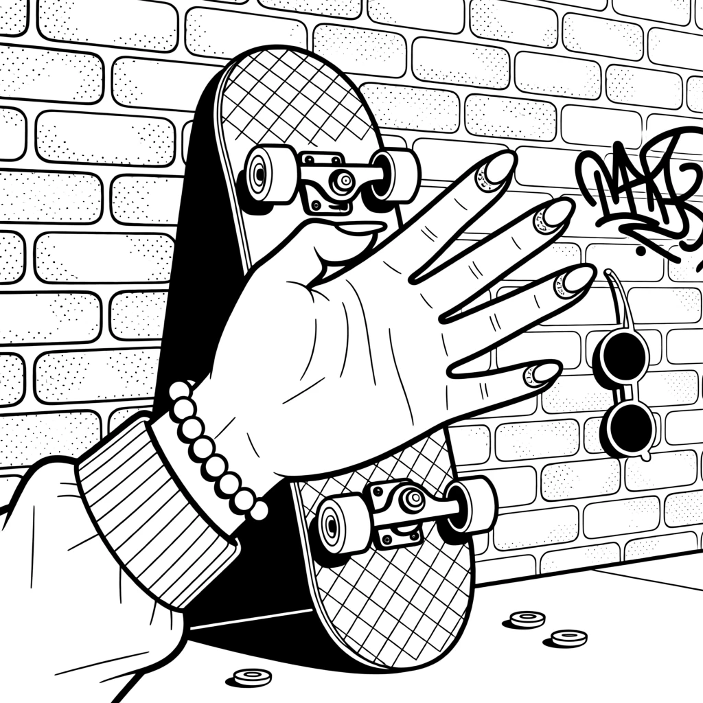 A set of press-on nails shaped like tiny crescent moons, paired with a skateboard leaning against a brick wall.