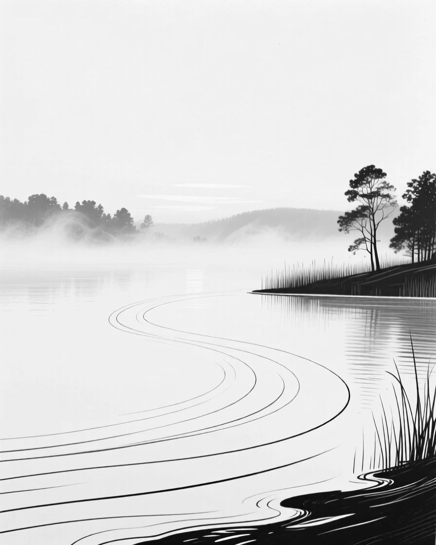 A quiet lake at dawn with mist hovering above the surface