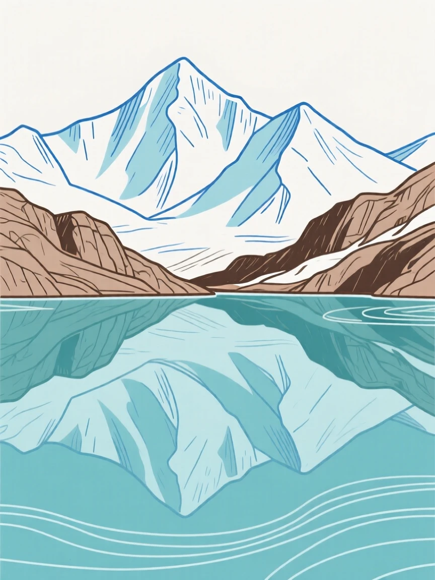 A snow-capped mountain range reflected in a still alpine lake.