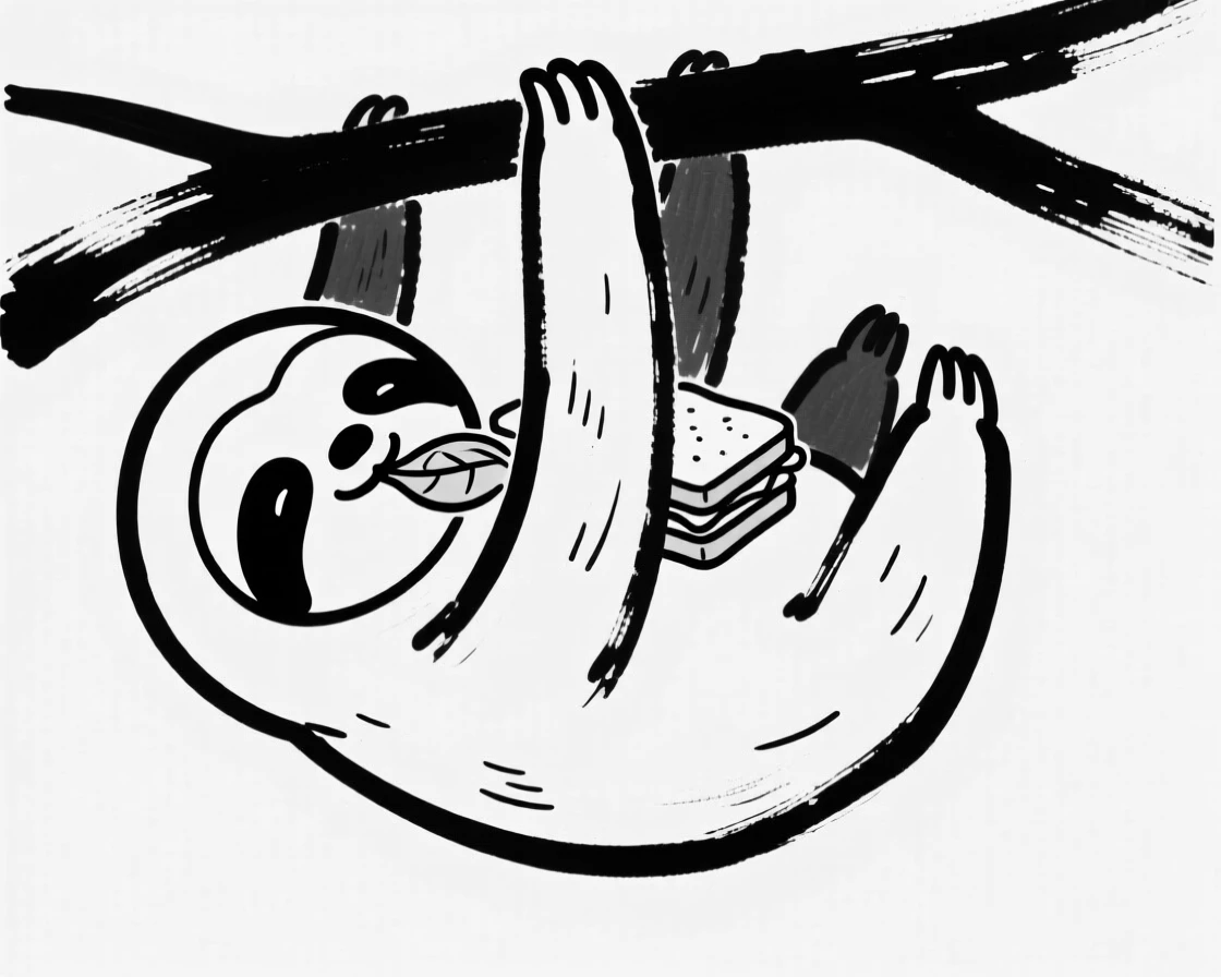 A baby sloth character hanging upside down eating a tiny leaf sandwich.