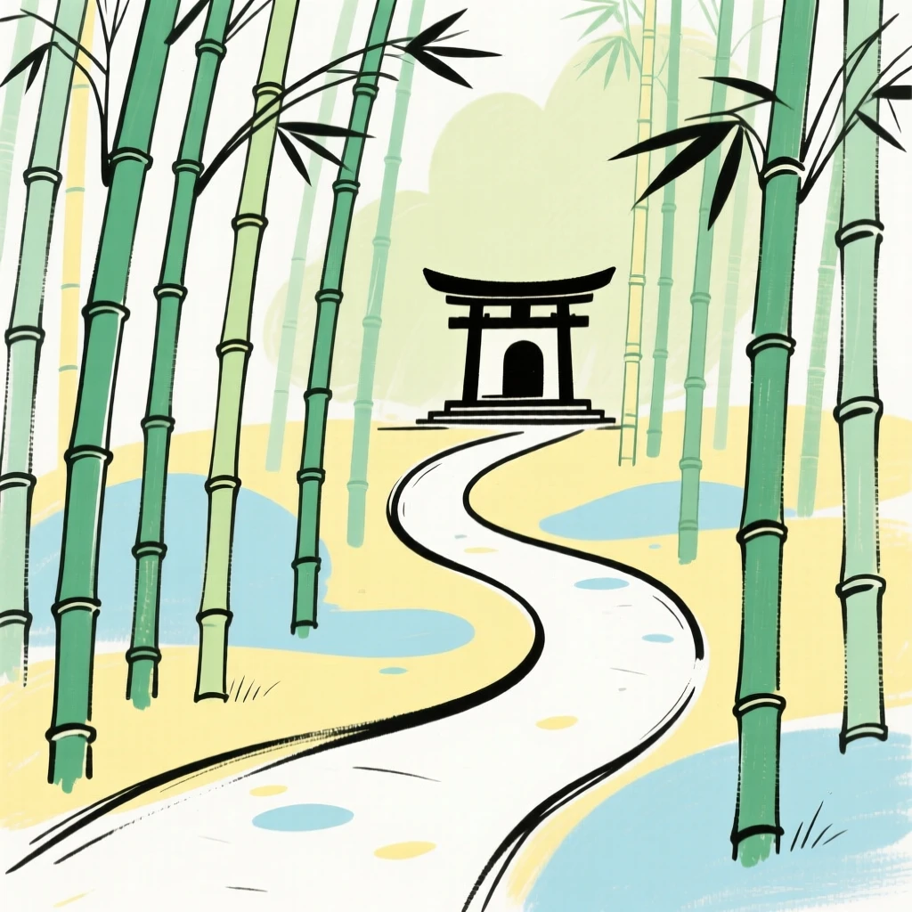 A tranquil bamboo forest path leading toward a hidden shrine.