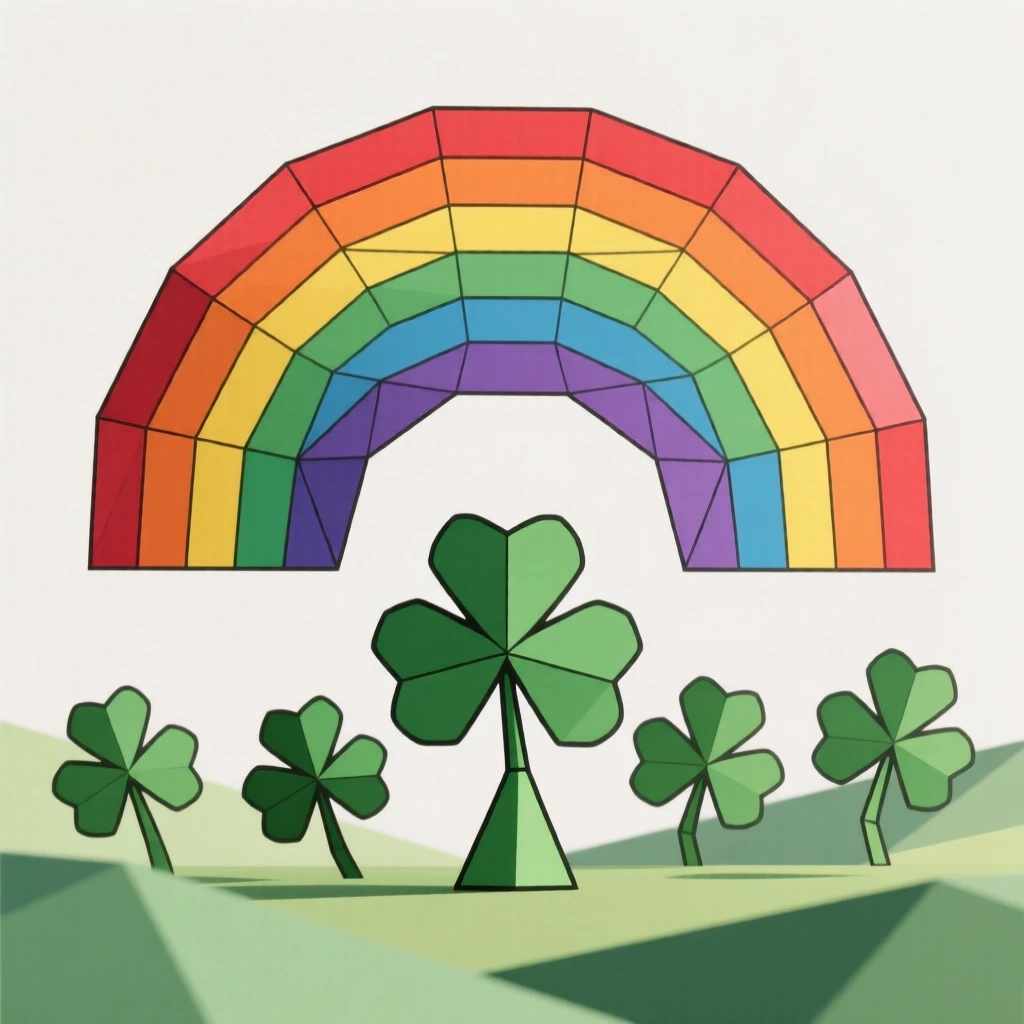 A St. Patrick's Day scene with a rainbow and shamrocks