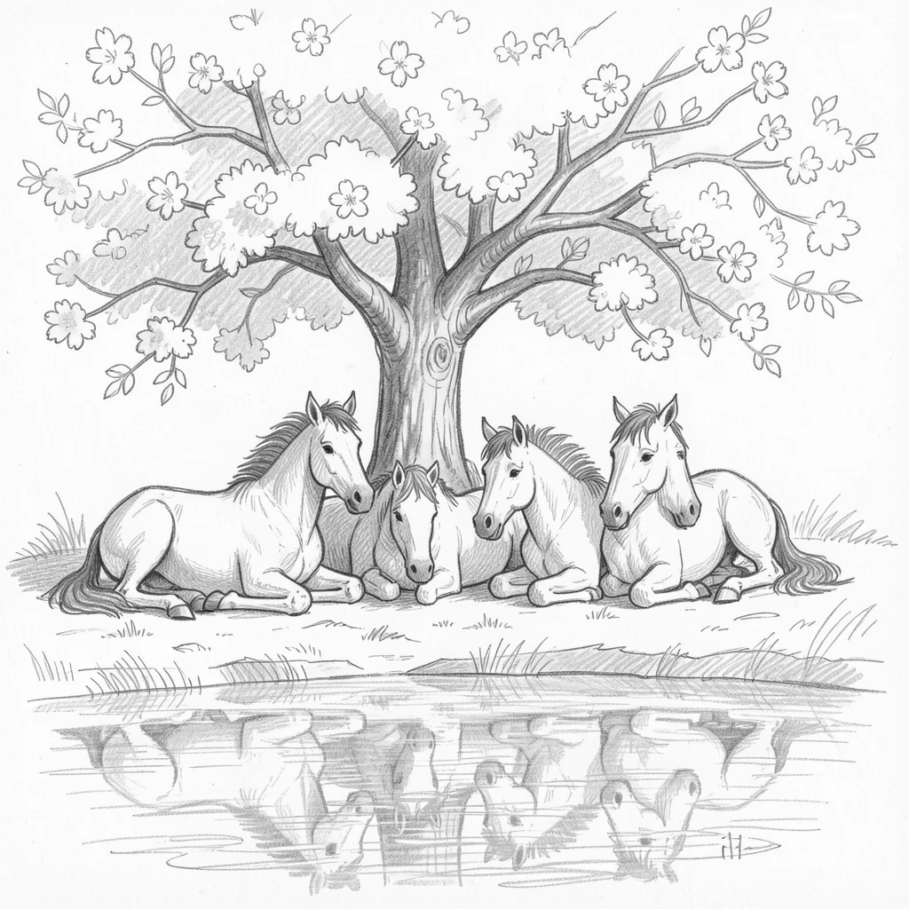 An adorable close-up of a herd of wild mustangs resting beneath a blooming cherry tree, with its reflection shimmering in a pond.