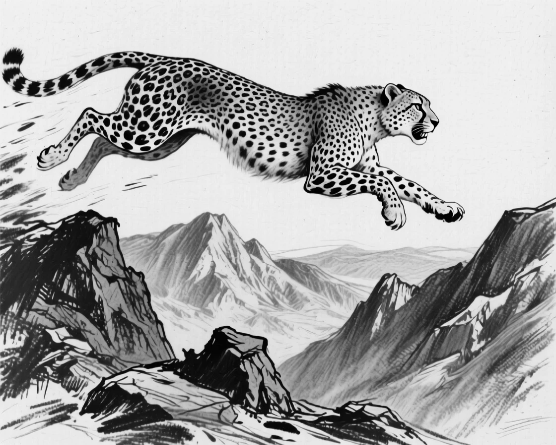 A cheetah mid-sprint soaring high above a mountain valley.