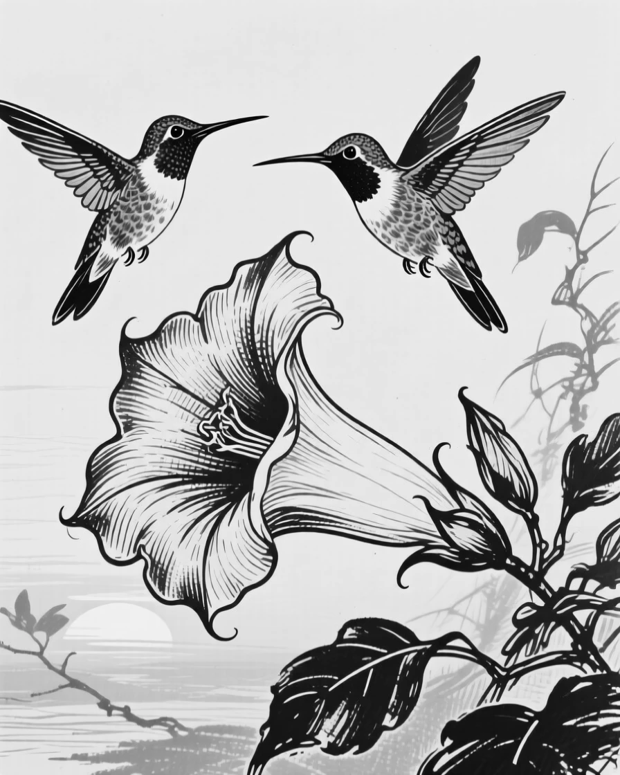 A pair of hummingbirds hovering near a trumpet-shaped flower at dawn.
