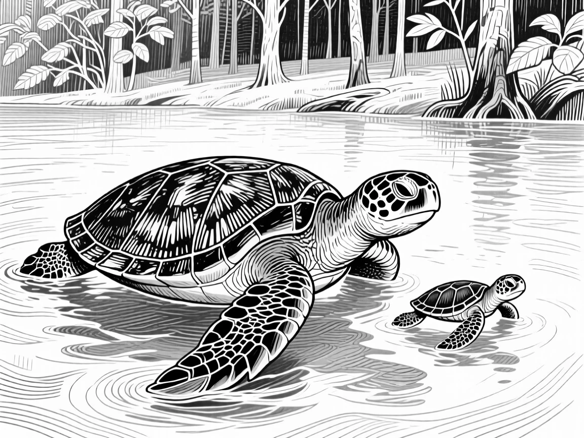 A sea turtle gliding through water at the edge of a quiet forest, with its young close beside it, capturing a noble and powerful moment in nature with a strong, centered focal point.