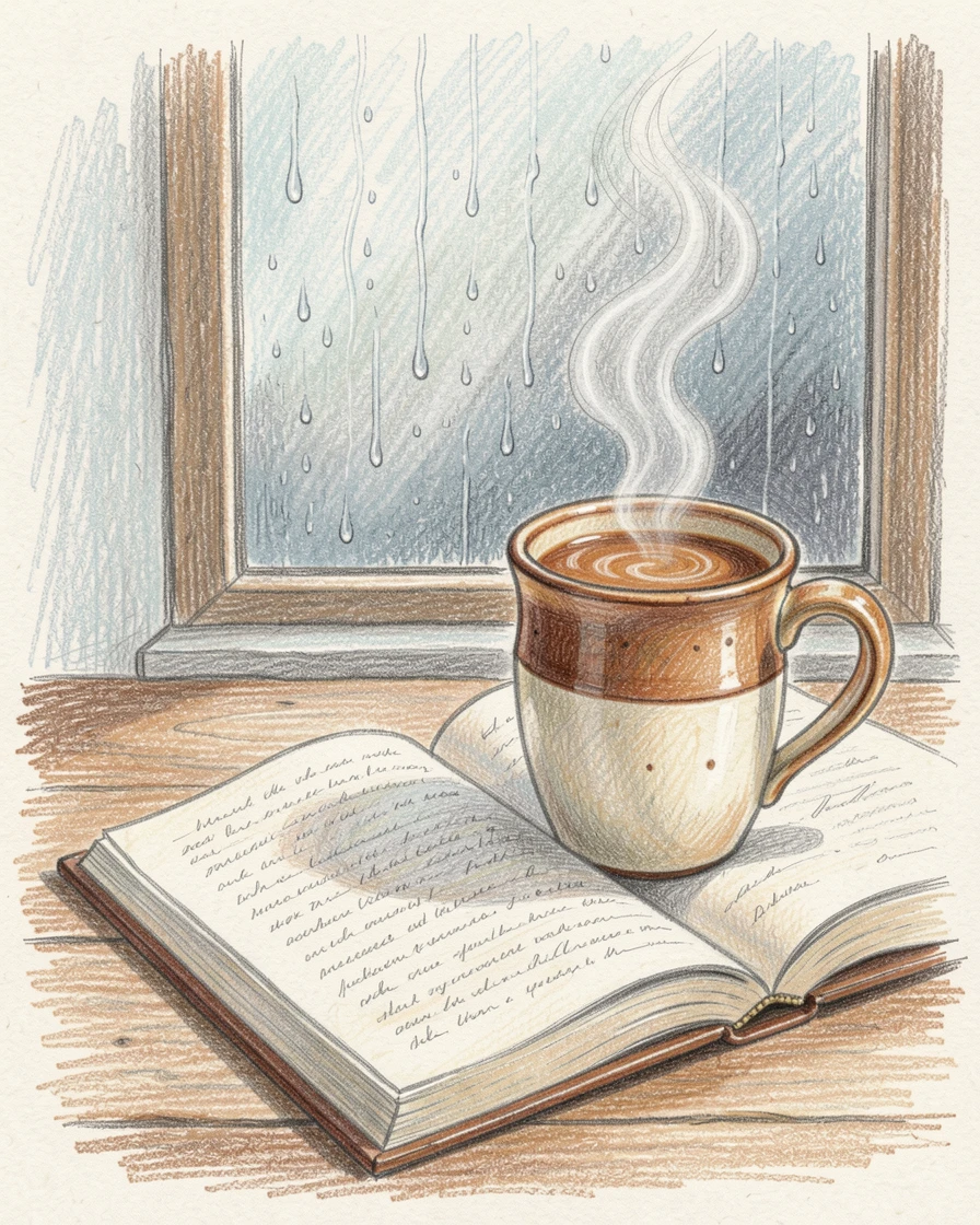A mug of spiced chai beside an open book on a rainy day, with steam gently rising into the warm air, designed to feel indulgent, cozy, and inviting.