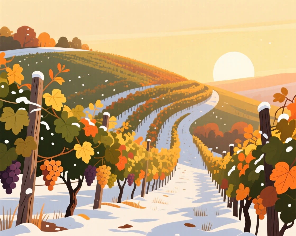 A hillside vineyard glowing under a warm autumn sun, surrounded by a light dusting of fresh snow, captured with a gentle curve guiding the eye through the scene, with a fresh, crisp clarity that highlights every detail.