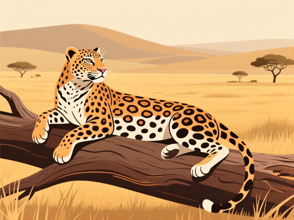 A majestic leopard resting on a fallen log overlooking the open plains.